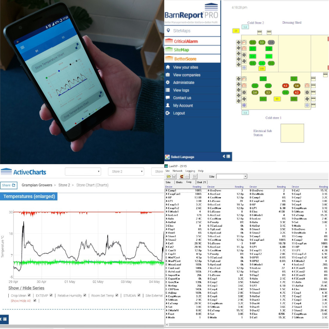 Graphs of Store temperature on a mobile app, Online map of a coldstore, Barnreport Pro Active Charts and LanifXP desktop Software on Screen