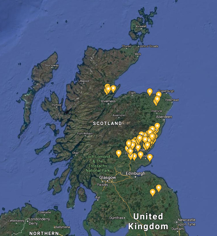 Map of 92 Different Sites Across The East Coast of Scotland