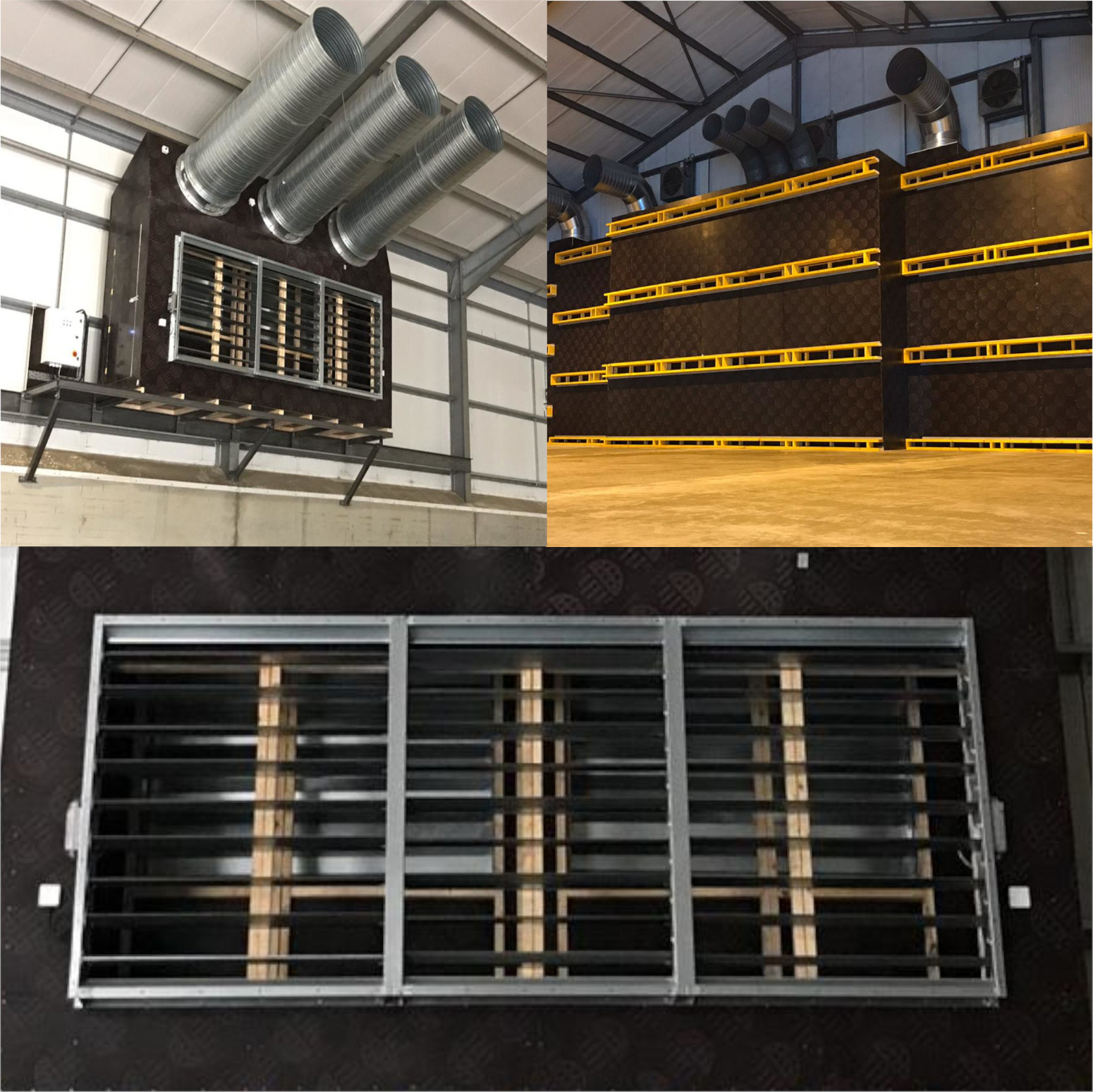 A cold store air blender, a fridge behind wooden dry wall and a closeup of air blender louvres